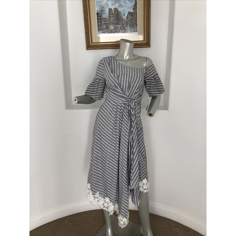 Steele  Asymmetric embroidered Hem Short Sleeve Gray Striped Wrap Dress Size S